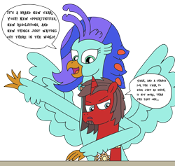 Size: 2485x2355 | Tagged: safe, artist:supahdonarudo, imported from derpibooru, oc, oc only, oc:ironyoshi, oc:sea lilly, classical hippogriff, hippogriff, unicorn, angry, dialogue, facial hair, happy, new year, simple background, speech bubble, transparent background