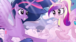 Size: 1920x1080 | Tagged: safe, artist:sallyso, imported from derpibooru, princess cadance, twilight sparkle, alicorn, pony, the last problem, alternate hairstyle, cloud, cute, cutedance, duo, eye contact, female, flying, grin, looking at each other, looking at someone, mare, older, older twilight, princess twilight 2.0, raised hoof, sisters-in-law, sky, smiling, twiabetes, twilight sparkle (alicorn)