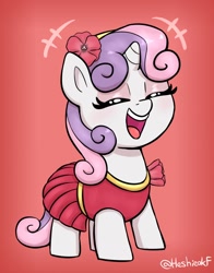 Size: 1074x1368 | Tagged: safe, artist:heretichesh, imported from derpibooru, sweetie belle, pony, unicorn, clothes, cute, diasweetes, dress, eyes closed, eyeshadow, female, filly, flower, flower in hair, foal, gradient background, happy, makeup, open mouth, open smile, smiling, solo