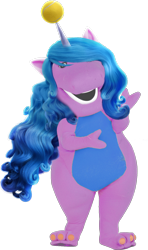 Size: 906x1531 | Tagged: safe, artist:wheredamaresat, edit, imported from derpibooru, izzy moonbow, abomination, ball, barney the dinosaur, bedroom eyes, crossover, cursed image, g5, hello, izzy's tennis ball, looking at you, meme, my little pony: a new generation, not salmon, rapeface, recolor, simple background, soon, tennis ball, this will end in death, transparent background, wat, we're all doomed, why, wtf