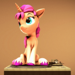 Size: 2160x2160 | Tagged: safe, artist:psfmer, imported from derpibooru, sunny starscout, pony, unicorn, 3d, brown background, female, g5, mare, my little pony: a new generation, race swap, record player, simple background, solo, turntable pony, unshorn fetlocks