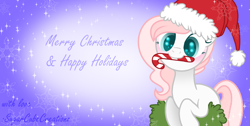 Size: 2116x1068 | Tagged: safe, artist:sugarcubecreationz, imported from derpibooru, oc, oc:sweetheart, pony, unicorn, base used, candy, candy cane, christmas, female, food, hat, holiday, mare, mouth hold, santa hat, solo