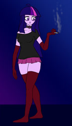 Size: 571x1000 | Tagged: safe, artist:slamjam, imported from derpibooru, twilight sparkle, human, choker, clothes, evening gloves, gloves, humanized, long gloves, smoking, socks, stocking feet, stockings, thigh highs