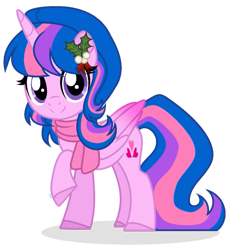 Size: 863x926 | Tagged: safe, artist:brush-prism, imported from ponybooru, oc, oc only, oc:hsu amity, alicorn, alicorn oc, clothes, female, glasses off, horn, looking at you, mare, missing accessory, mistletoe, scarf, simple background, smiling, smiling at you, solo, transparent background, wings, winter outfit