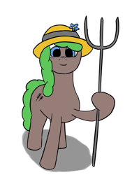 Size: 1057x1327 | Tagged: safe, artist:anonymous, oc, oc only, oc:oatmeal, earth pony, pony, drop shadow, female, flower in hat, happy, hat, mare, pitchfork, simple background, smiling, transparent background