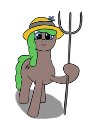 Size: 1057x1327 | Tagged: safe, artist:anonymous, oc, oc only, oc:oatmeal, earth pony, pony, drop shadow, female, flower in hat, happy, hat, mare, pitchfork, ponerpics community collab 2022, simple background, smiling, transparent background