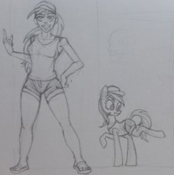 Size: 2021x2027 | Tagged: safe, artist:sultanroach, imported from ponybooru, rainbow dash, human, pony, equestria girls, hat, humanized, photo, sketch