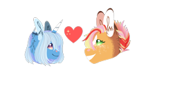 Size: 2110x1080 | Tagged: safe, artist:malinraf1615, imported from derpibooru, applejack, trixie, earth pony, pony, unicorn, alternate hairstyle, bust, duo, female, grin, heart, lesbian, looking at each other, looking at someone, markings, redesign, shipping, simple background, smiling, transparent background, tripplejack