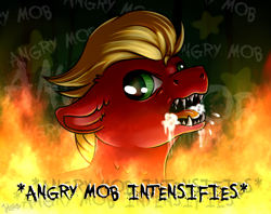 Size: 3315x2630 | Tagged: safe, artist:julunis14, imported from derpibooru, sprout cloverleaf, dog, earth pony, pony, angry, angry mob, behaving like a dog, ear fluff, fangs, fire, floppy ears, foaming at the mouth, g5, green eyes, high res, male, meme, my little pony: a new generation, open mouth, ponified meme, rabies, solo, stallion, text, x intensifies