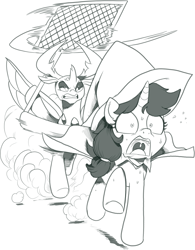 Size: 1299x1668 | Tagged: safe, artist:nauyaco, imported from derpibooru, thorax, changedling, changeling, pony, unicorn, angry, cape, clothes, cross-popping veins, duo, female, flyswatter, grayscale, gritted teeth, hat, king thorax, male, mare, monochrome, open mouth, role reversal, screaming, sweat, this will end in pain, uvula, wizard hat