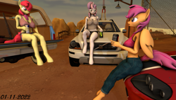 Size: 1221x698 | Tagged: safe, artist:robertwtf, imported from derpibooru, apple bloom, scootaloo, sweetie belle, anthro, earth pony, pegasus, unicorn, 3d, big breasts, breasts, nexgen, small breasts, source filmmaker, vehicle