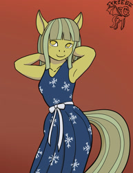 Size: 800x1035 | Tagged: safe, artist:warskunk, imported from derpibooru, oc, oc only, anthro, earth pony, arm behind head, armpits, clothes, dress, earth pony oc, eyelashes, female, looking sideways, no pupils, smiling, solo