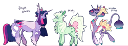 Size: 3810x1507 | Tagged: safe, artist:goatpaste, imported from derpibooru, twilight sparkle, oc, alicorn, earth pony, pony, unicorn, crown, jewelry, leg fluff, regalia, simple background