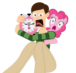 Size: 2168x2084 | Tagged: safe, artist:nathaniel718, imported from derpibooru, pinkie pie, earth pony, human, pony, alarm clock, blue's clues, clock, clothes, crossover, duo, faic, female, green shirt, male, mare, pants, scared, screaming, shirt, steve (blue's clues), striped shirt, tickety tock