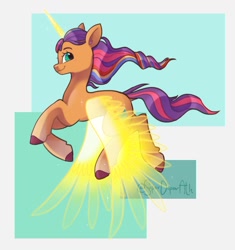 Size: 978x1039 | Tagged: safe, artist:superduperath, imported from derpibooru, sunny starscout, alicorn, pony, spoiler:my little pony: a new generation, artificial horn, artificial wings, augmented, female, g5, horn, magic, magic horn, magic wings, mane stripe sunny, mare, my little pony: a new generation, princess sunny starscout, race swap, solo, sunnycorn, wings