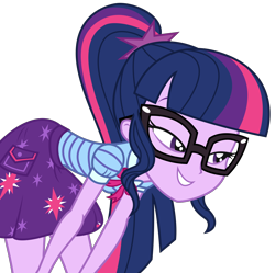 Size: 2666x2653 | Tagged: safe, artist:sketchmcreations, imported from derpibooru, sci-twi, twilight sparkle, equestria girls, equestria girls series, holidays unwrapped, spoiler:eqg series (season 2), bent over, clothes, female, glasses, ponytail, simple background, skirt, smiling, smirk, smug, solo, the cider louse fools, transparent background, vector