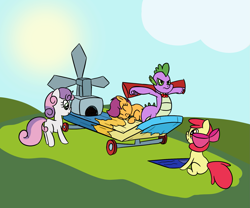 Size: 1757x1462 | Tagged: safe, artist:librarylonging, imported from derpibooru, apple bloom, scootaloo, spike, sweetie belle, dragon, earth pony, pegasus, pony, unicorn, bow, cheek squish, cutie mark crusaders, dice, engine, hair bow, ornament, scooter, squishy cheeks