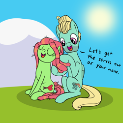 Size: 1478x1478 | Tagged: safe, artist:librarylonging, imported from derpibooru, tree hugger, zephyr breeze, earth pony, pegasus, pony, dialogue, duo, female, hair bun, male, shipping, sitting, stallion, straight, text, zephyrhugger