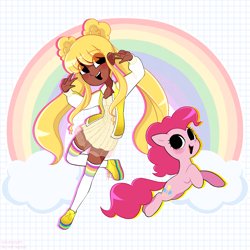 Size: 2500x2500 | Tagged: safe, artist:syrupyyy, imported from derpibooru, pinkie pie, earth pony, human, pony, clothes, cloud, crossover, cute, dark skin, diapinkes, dress, duo, female, mare, open mouth, peace sign, rainbow, rainbow high, rainbow socks, shoes, socks, stockings, striped socks, sundress, sunny madison, thigh highs, yellow dress