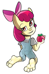 Size: 585x890 | Tagged: safe, artist:zuneycat, imported from derpibooru, apple bloom, anthro, earth pony, apple, ass, butt, female, filly, foal, food, solo