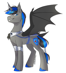 Size: 1098x1200 | Tagged: safe, artist:cosmalumi, imported from derpibooru, oc, oc:candor champion, alicorn, bat pony, bat pony alicorn, pony, bat wings, digital art, fangs, horn, horn jewelry, jewelry, simple background, smiling, smirk, smug, solo, spread wings, tail, tail wrap, transparent background, wings