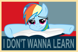 Size: 3007x1995 | Tagged: safe, artist:itchykitchy, imported from derpibooru, rainbow dash, pegasus, pony, book, bored, female, frown, high res, hope poster, mare, rainbow dumb, solo