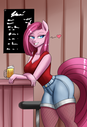 Size: 1300x1900 | Tagged: safe, artist:zachc, imported from derpibooru, pinkie pie, anthro, earth pony, bedroom eyes, breasts, clothes, denim shorts, female, pinkamena diane pie, shirt, shorts, sleeveless, sleeveless shirt, solo