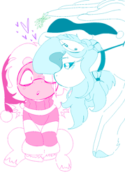 Size: 1000x1400 | Tagged: safe, artist:dsstoner, imported from derpibooru, oc, oc:hrukii, bat pony, pegasus, pony, blushing, blushing profusely, cheek kiss, choker, christmas, clothes, duo, duo female, ear piercing, female, glasses, hat, holiday, kissing, lesbian, mistletoe, pegasus oc, piercing, santa hat, shipping, sweater, turtleneck