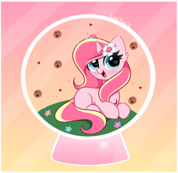 Size: 4576x4448 | Tagged: safe, artist:kittyrosie, imported from derpibooru, oc, oc only, oc:rosa flame, pony, unicorn, cookie, food, globe, heart eyes, horn, open mouth, snow globe, solo, unicorn oc, wingding eyes