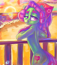 Size: 900x1022 | Tagged: safe, artist:mannybcadavera, imported from derpibooru, tree hugger, earth pony, pony, beach, bipedal, bipedal leaning, butt, female, leaning, looking at you, looking back, looking back at you, mare, plot, smiling, solo, sunset