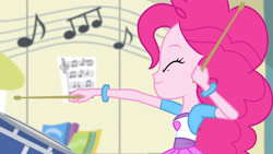 Size: 3410x1920 | Tagged: safe, imported from derpibooru, screencap, pinkie pie, equestria girls, pinkie on the one, rainbow rocks, drum kit, drums, drumsticks, eyes closed, female, high res, musical instrument, smiling, solo
