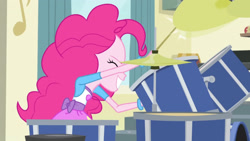 Size: 3410x1920 | Tagged: safe, imported from derpibooru, screencap, pinkie pie, equestria girls, pinkie on the one, rainbow rocks, clothes, cutie mark on clothes, drum kit, drums, drumsticks, eyes closed, female, grin, high res, musical instrument, smiling, solo