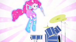 Size: 3410x1920 | Tagged: safe, imported from derpibooru, screencap, pinkie pie, equestria girls, pinkie on the one, rainbow rocks, boots, clothes, cutie mark on clothes, drum kit, drums, drumsticks, female, grin, high res, musical instrument, ponied up, shoes, smiling, solo