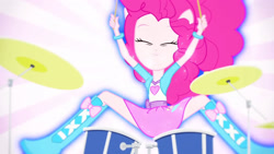 Size: 3410x1920 | Tagged: safe, imported from derpibooru, screencap, pinkie pie, equestria girls, pinkie on the one, rainbow rocks, boots, clothes, cutie mark on clothes, drum kit, drums, drumsticks, eyes closed, female, high res, musical instrument, ponied up, shoes, smiling, solo