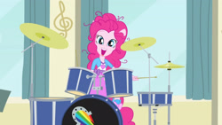 Size: 3410x1920 | Tagged: safe, imported from derpibooru, screencap, pinkie pie, equestria girls, pinkie on the one, rainbow rocks, clothes, cute, cutie mark on clothes, diapinkes, drum kit, drums, drumsticks, female, high res, musical instrument, open mouth, open smile, ponied up, smiling, solo