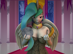 Size: 3880x2880 | Tagged: safe, artist:olkategrin, imported from derpibooru, princess celestia, alicorn, anthro, 3d, 3d model, banana, bananalestia, canterlot, canterlot castle, cigarette, clothes, crown, female, folded wings, food, holding, horn, jewelry, joke, large wings, looking at you, meme, moon, necklace, nexgen, object, parody, reaction image, regalia, smoking, solo, source filmmaker, standing, throne room, willem dafoe, wings, wtf