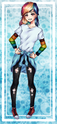Size: 462x1000 | Tagged: safe, artist:akaruiyoso, imported from derpibooru, rainbow dash, human, clothes, female, hand on hip, humanized, jeans, pants, ripped jeans, ripped pants, solo, torn clothes