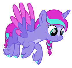 Size: 804x752 | Tagged: safe, artist:sugarcubecreationz, imported from derpibooru, oc, oc:lilac, alicorn, pony, base used, blank flank, coat markings, colored wings, ear piercing, facial markings, female, flying, hair tie, hoof fluff, horn, looking at something, mare, mole, piercing, simple background, solo, tail tie, two toned wings, unshorn fetlocks, white background, wings