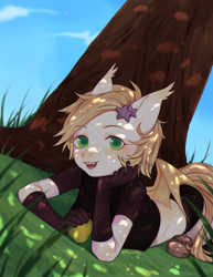 Size: 1700x2200 | Tagged: safe, artist:qawakie, imported from derpibooru, oc, oc only, anthro, earth pony, clothes, earth pony oc, gloves, long gloves, outdoors, smiling, tree