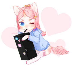 Size: 1600x1466 | Tagged: safe, artist:qawakie, imported from derpibooru, oc, oc only, pony, unicorn, clothes, grin, heart, mouth hold, smiling, solo, uniorn noc