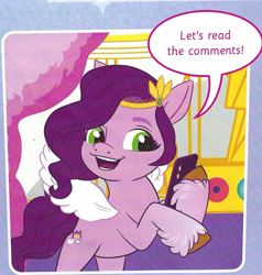 Size: 1764x1851 | Tagged: safe, imported from derpibooru, pipp petals, pegasus, pony, comic:the rehearsal, bad idea, bipedal, comic, cropped, female, g5, magazine scan, mare, my little pony: a new generation, official, phone, reaction image, solo, this will end in tears