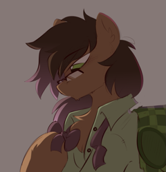 Size: 779x811 | Tagged: safe, artist:crimmharmony, imported from derpibooru, oc, oc only, oc:be sharp, earth pony, pony, bowtie, chest fluff, clothes, dramatic lighting, earth pony oc, glasses, looking down, male, simple background, solo, stallion, unbuttoned