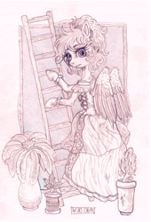 Size: 2375x3489 | Tagged: safe, artist:porcelanowyokular, imported from derpibooru, oc, oc only, anthro, pegasus, clothes, dress, eyelashes, ladder, looking at you, pegasus oc, smiling, solo, wings