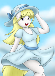 Size: 914x1280 | Tagged: safe, artist:bellenightjoy, imported from derpibooru, oc, oc only, oc:starry cookies, anthro, earth pony, clothes, cloud, dress, earth pony oc, eyelashes, female, hat, open mouth, outdoors, smiling, solo, sun hat