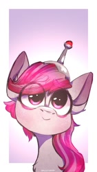 Size: 607x1080 | Tagged: safe, artist:wacky-skiff, edit, imported from derpibooru, sugar moonlight, earth pony, pony, abstract background, anti-mind reading cap, bust, chest fluff, ear fluff, eye clipping through hair, eyebrows, eyebrows down, eyebrows visible through hair, female, g5, happy, head tilt, looking at you, looking up, looking up at you, mare, my little pony: a new generation, portrait, smiling, smiling at you, solo