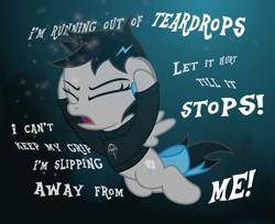 Size: 4880x3990 | Tagged: safe, artist:strategypony, imported from derpibooru, oc, oc only, oc:lightning dee, pegasus, bring me the horizon, clothes, eyes closed, female, filly, foal, jacket, open mouth, ribbon, simple background, singing, struggling, swimming, text, underwater, water, wings