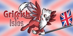 Size: 800x400 | Tagged: safe, imported from derpibooru, oc, oc:bobbie, griffon, griffish isles, mascot, solo, union jack, united kingdom