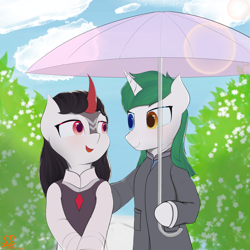 Size: 3000x3000 | Tagged: safe, artist:speedy dashie, imported from derpibooru, kirin, pony, semi-anthro, unicorn, bipedal, blushing, clothes, couple, dexterous hooves, duo, female, heterochromia, male, umbrella