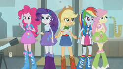 Size: 3410x1920 | Tagged: safe, imported from derpibooru, screencap, applejack, fluttershy, pinkie pie, rainbow dash, rarity, a case for the bass, equestria girls, rainbow rocks, applejack's hat, belt, boots, clothes, cowboy boots, cowboy hat, cutie mark on clothes, denim skirt, female, hairpin, hat, high res, humane five, shoes, skirt, smiling