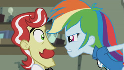 Size: 3410x1920 | Tagged: safe, imported from derpibooru, screencap, flam, rainbow dash, a case for the bass, equestria girls, rainbow rocks, clothes, cutie mark on clothes, eye contact, female, high res, looking at each other, looking at someone, male